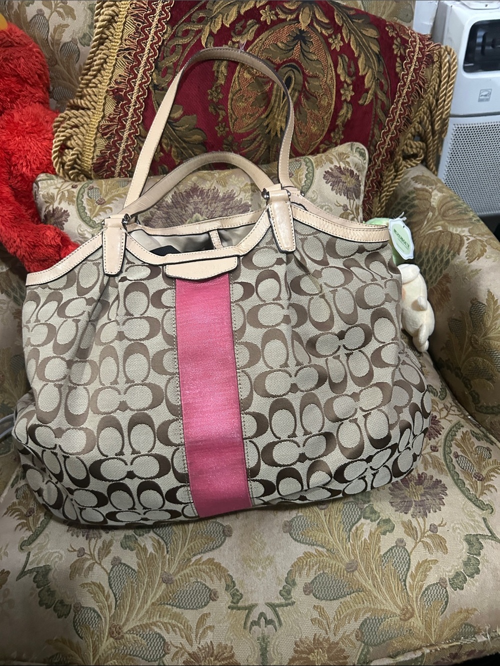 Coach Beige Signature Canvas Tote with Pink Center Panel